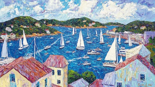Coastal Town with Sailboats Impasto Painting