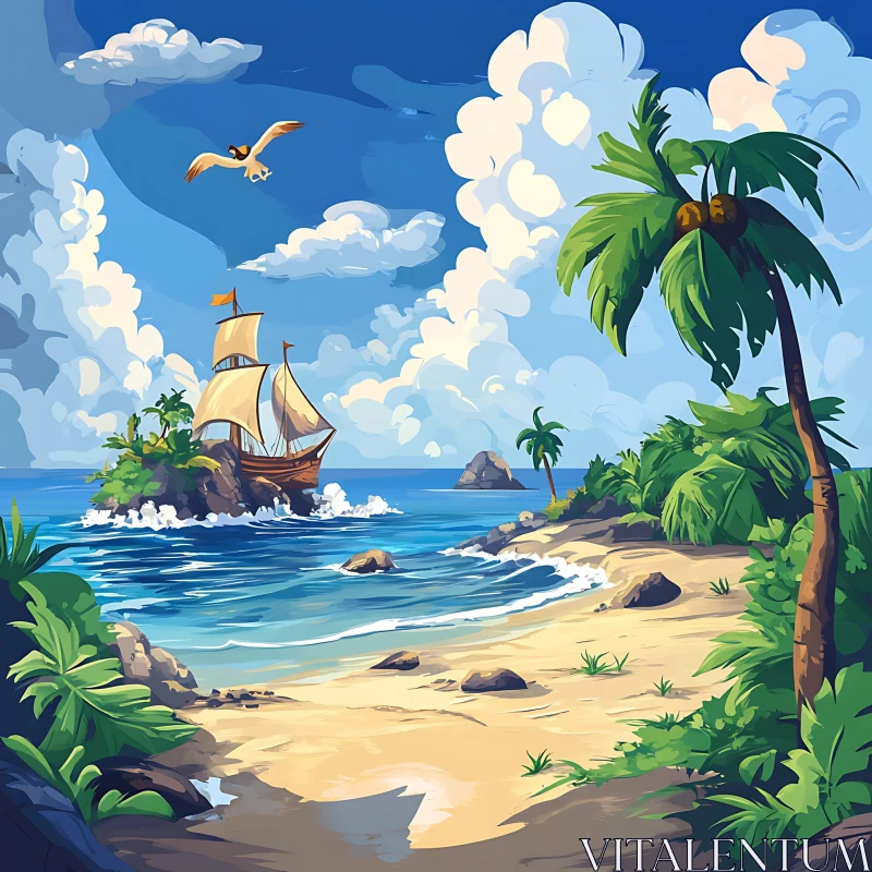 Tropical Seascape with Sailing Vessel