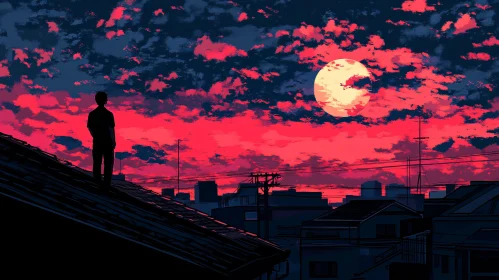Rooftop Contemplation Under a Red Moon