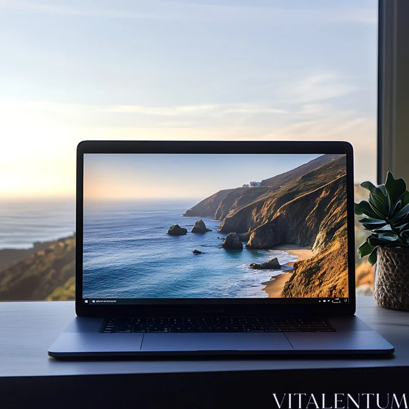 Laptop with Coastal Sunset Wallpaper in Workspace