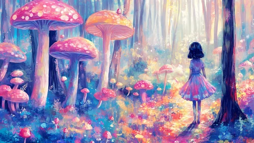 Girl in Whimsical Mushroom Landscape