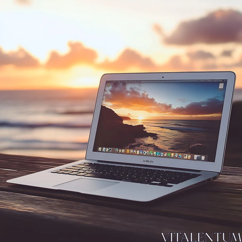 Tech and Nature: Laptop at Sunset Beach