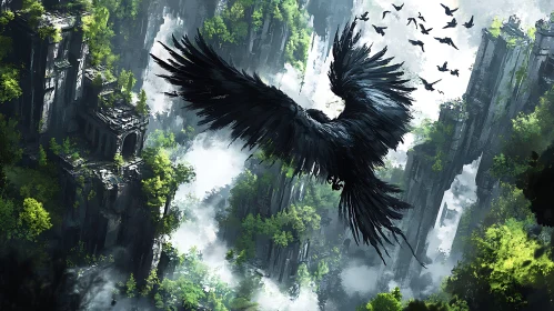 Black Bird Flying in Green Woods