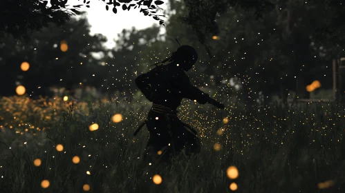 Silhouette of Warrior in Firefly Field
