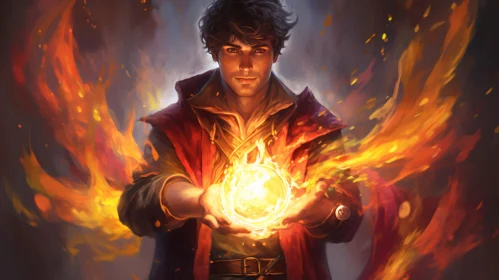 Magical Fireball in the Hands of Wizard