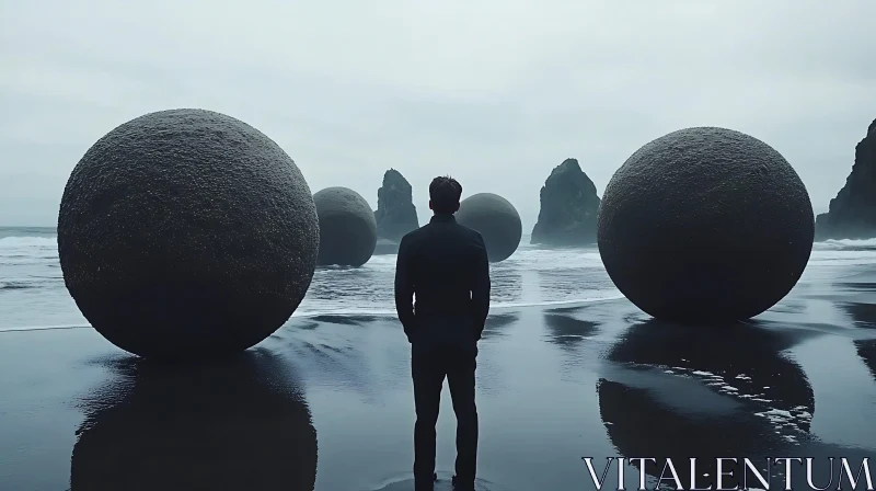 Man and Boulders by the Sea