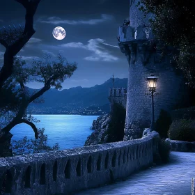 Nighttime Castle Seascape with Moonlight