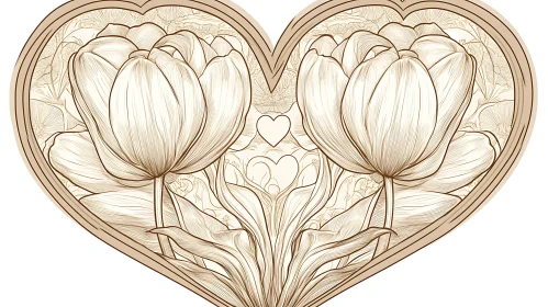 Floral Heart with Tulips Line Art
