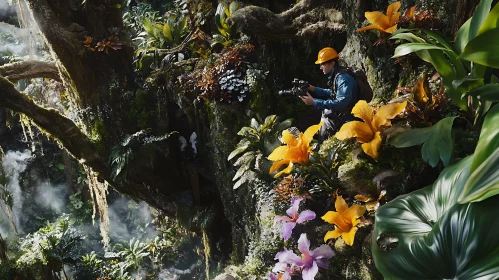 Man with Camera in Lush Floral Jungle