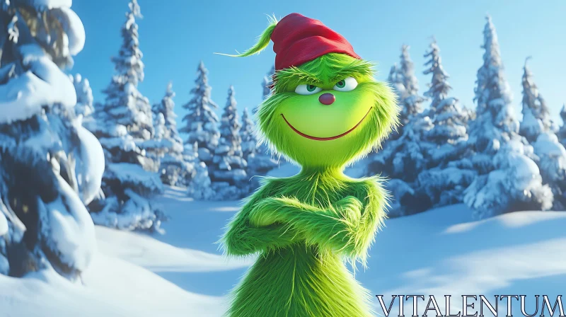 Green Character in Snowy Scene