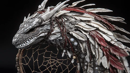 Dragon Sculpture with Feathers and Dreamcatcher