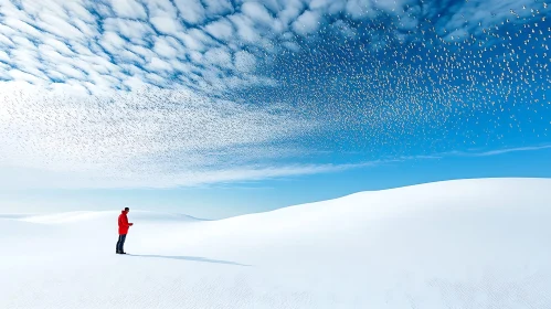 Figure in Snowy Landscape with Birds