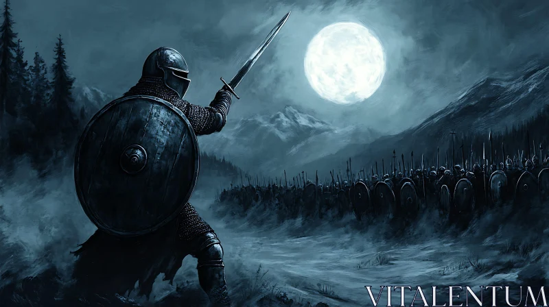 Armored Warrior Sword Raised Under Moonlight