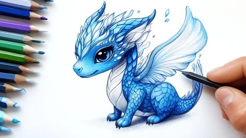 Whimsical Blue Dragon Art Illustration