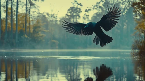 Black Bird Flying Above Reflective Lake