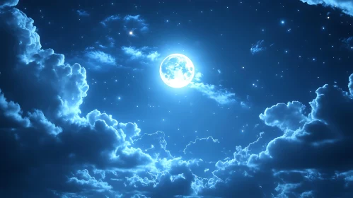 Moon and Stars in Night Sky