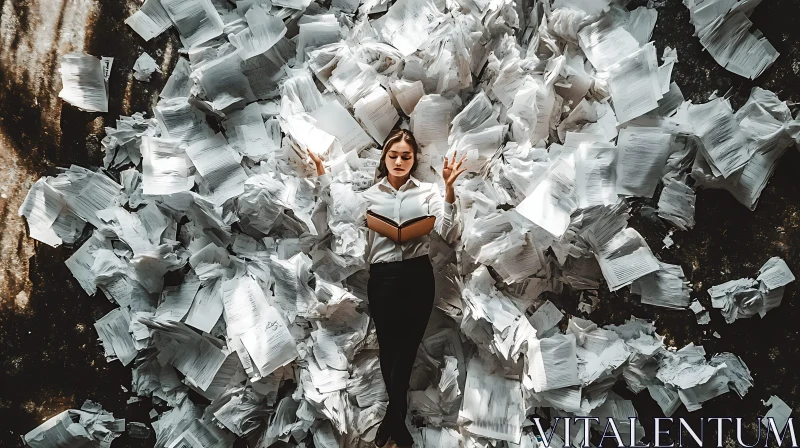 Overwhelmed Reader in Paper Mountain