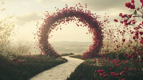 Red Flower Arch in Dreamy Landscape