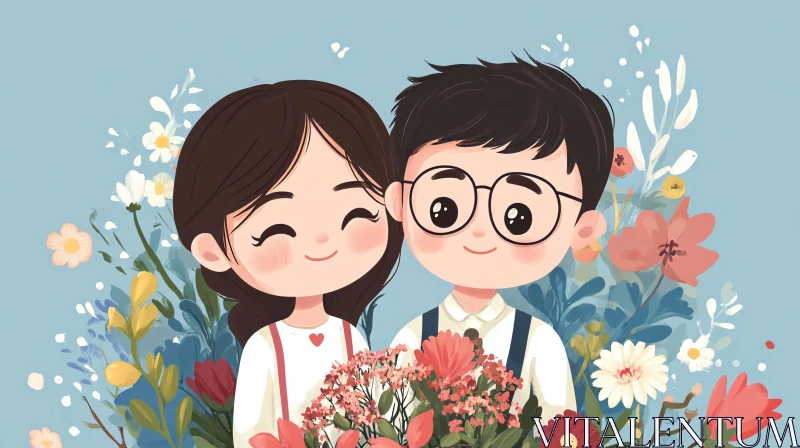 Floral Embrace: A Cartoon Couple's Joyful Moment