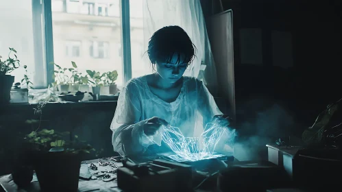 Woman Shaping Light in Dark Room