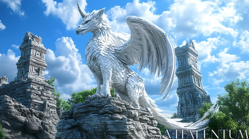 Winged Dragon Statue Among Old Structures