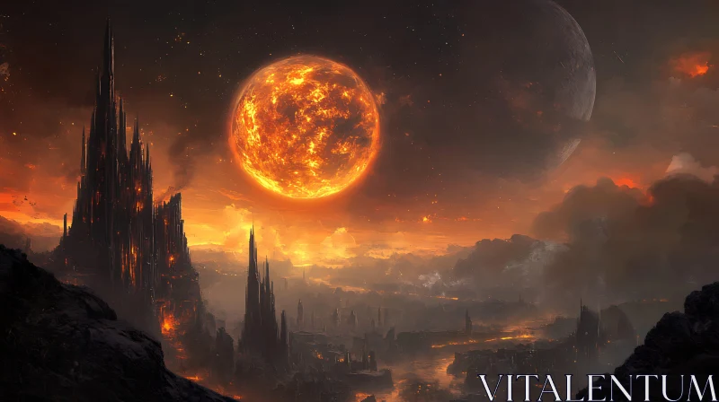 Fantasy City Under a Fiery Sky