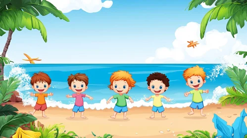 Cartoon Children Playing on Beach