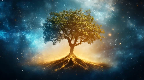 Glowing Tree with Starry Background