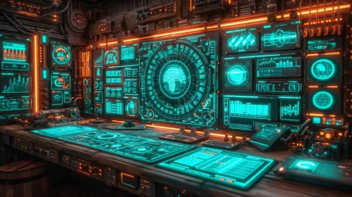 Futuristic Digital Control Board with Glowing Lights and Multiple Screens