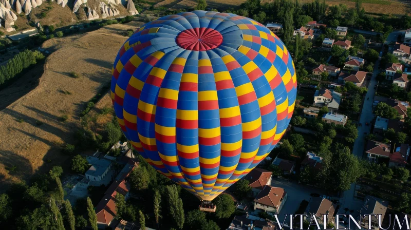Hot Air Balloon Over Town | Colorful Nature Artwork AI Image