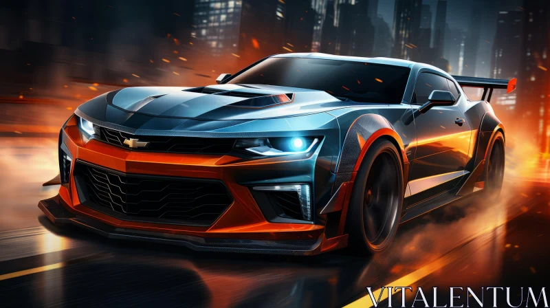 Intense Car Racing Game with Orange Vehicle - City Backdrop AI Image