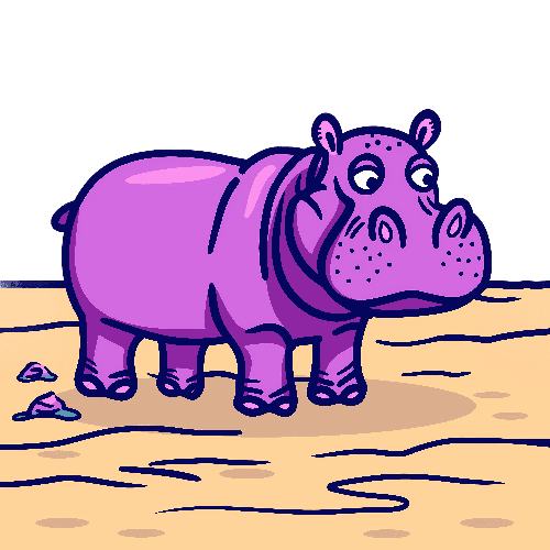 Purple Cartoon Hippopotamus on Sandy Beach - Ideal for Merchandise