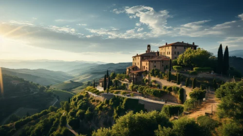 Serene Sunrise Over a Tuscan Village - Classical Architecture Meets Natural Beauty