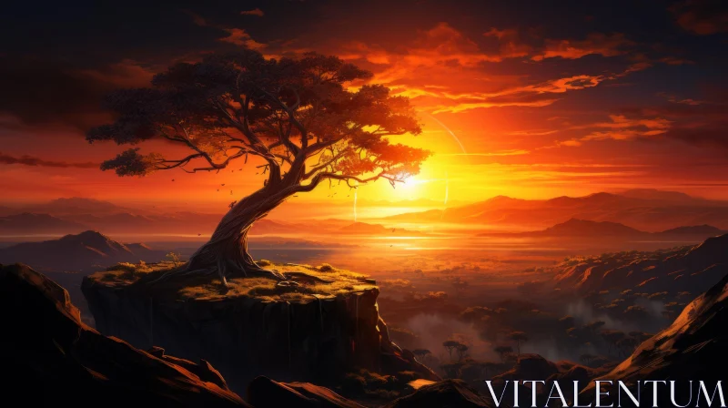 Sunset Anime Art with African Influence: Lone Tree on Cliff AI Image