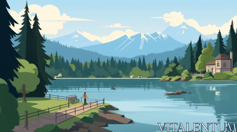 Tranquil Forest Lake Illustration in Flat Style | Detailed Character Illustrations AI Image
