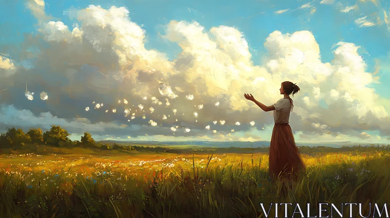 Painted Lady in Meadow with Floating Lights