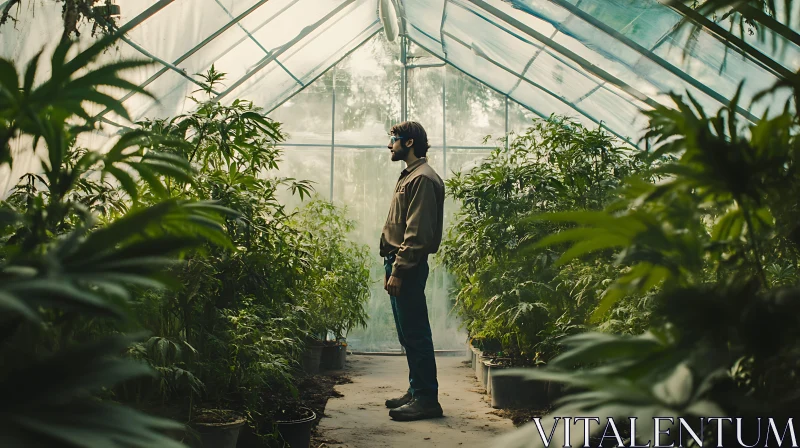 Man in Greenhouse Surrounded by Plants AI Image