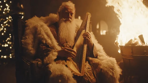 Santa Claus Plays Harp by Fireplace
