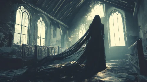 Specter in Dilapidated Church Interior