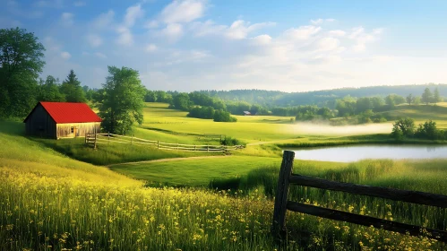 Rural Landscape with Barn and Pond