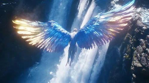 Winged Angel Soaring near Waterfall