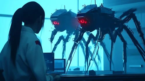 Woman and Robotic Spiders