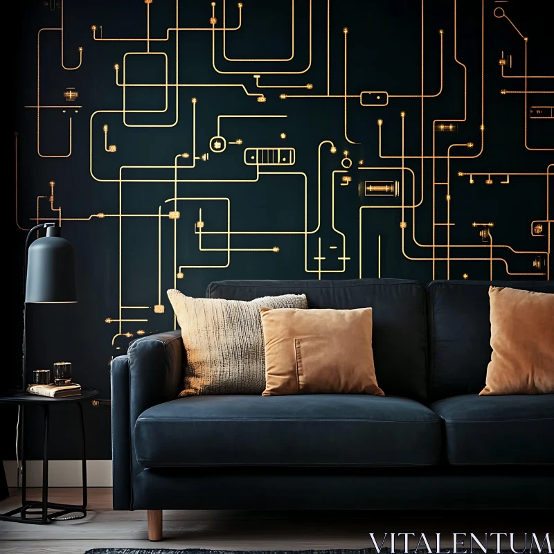 Sofa with Golden Line Art Wallpaper