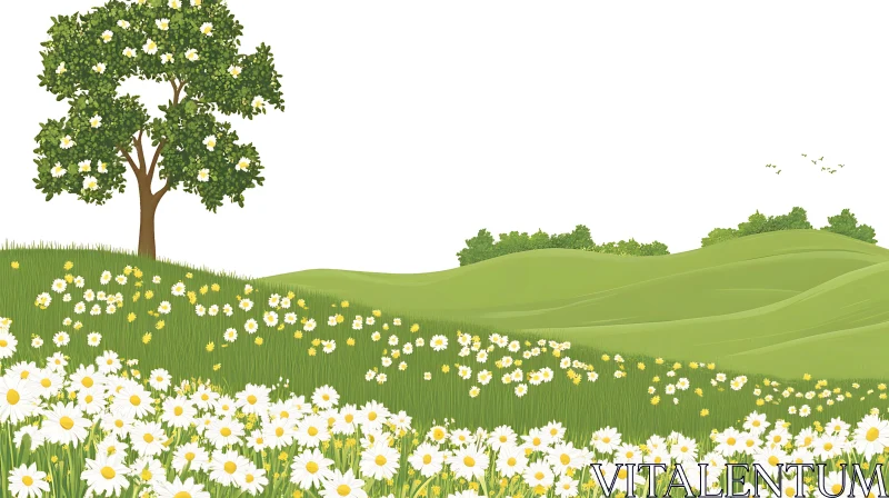 AI ART Tranquil Landscape with Daisies and Hills