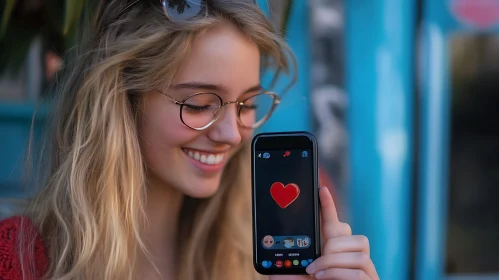 Smiling Woman with Heart on Mobile