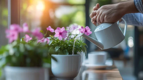 Gentle Watering of Pink Flowers in Pot