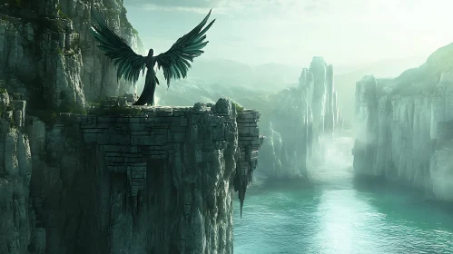 Winged Guardian Overlooking Misty Waters
