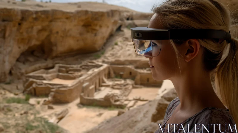 Woman with VR Glasses Looking at Ruins AI Image