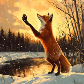 Fox in Winter Landscape Holding Pine Cone