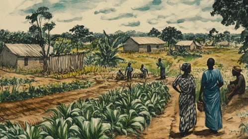 Watercolor Painting of Rural African Village